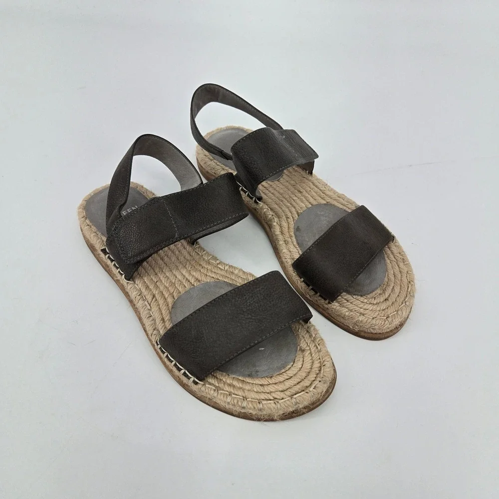 Eileen Fisher Willow Brown Leather Espadrille Flat Slingback Sandals Size 8 VGUC